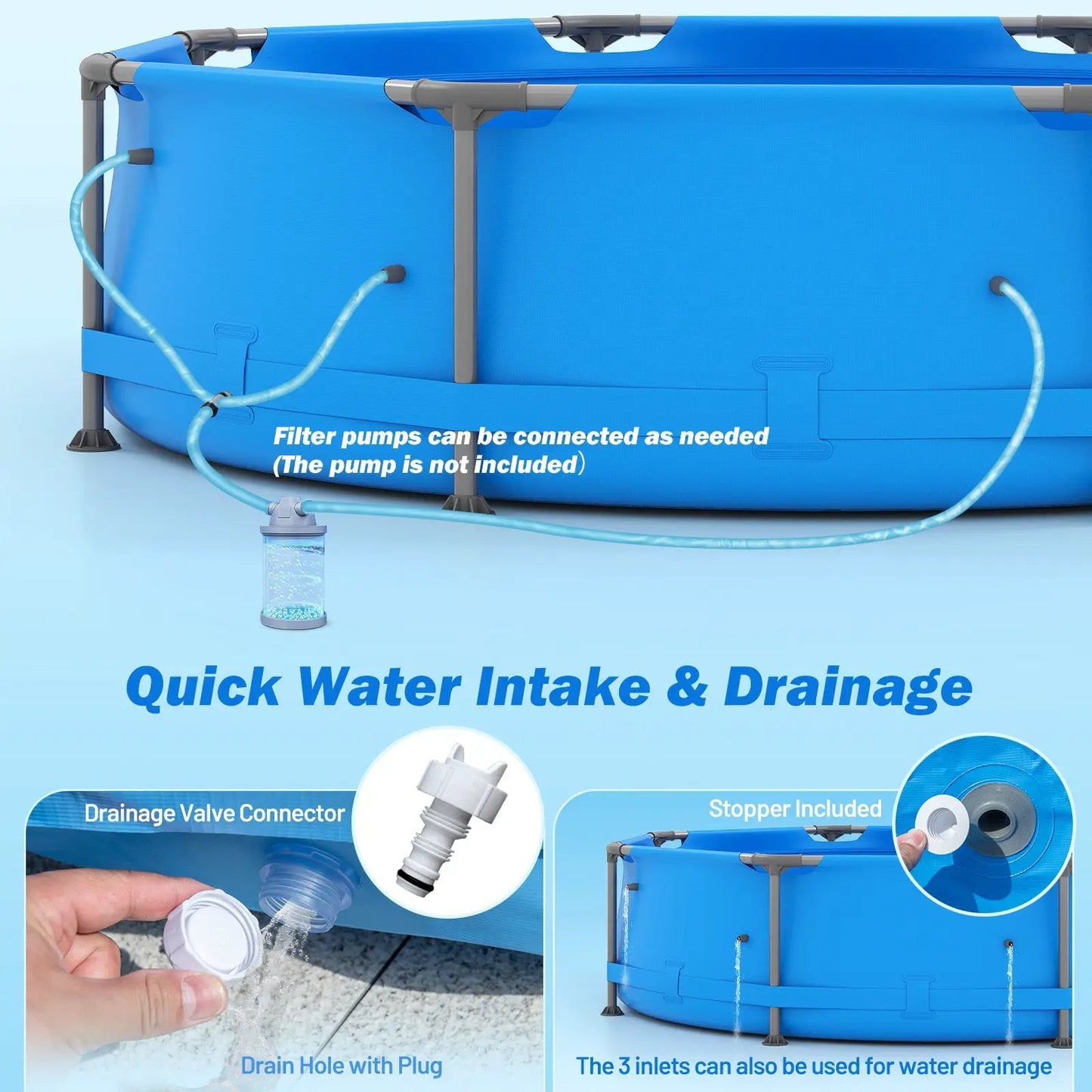 Outdoor Family Pool with Metal Frame, blue aboveground pool with hose connections on Tampa Home & Garden Store