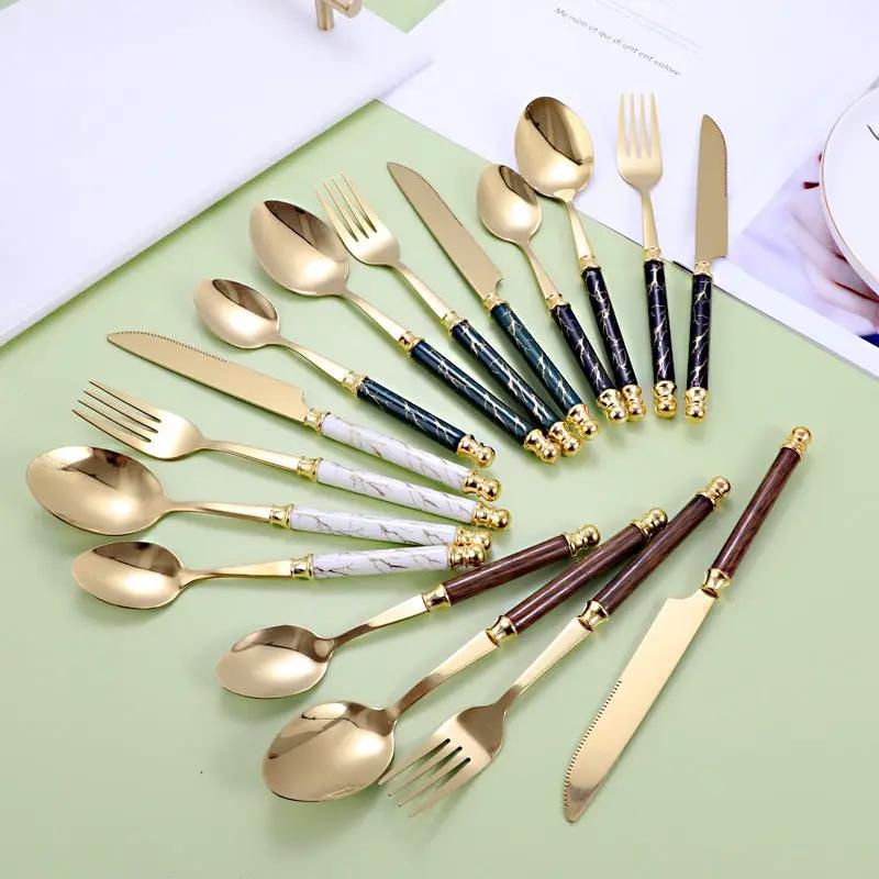24-piece 410 stainless steel gold-tone flatware set with marble-wood handles on Tampa Home & Garden Store