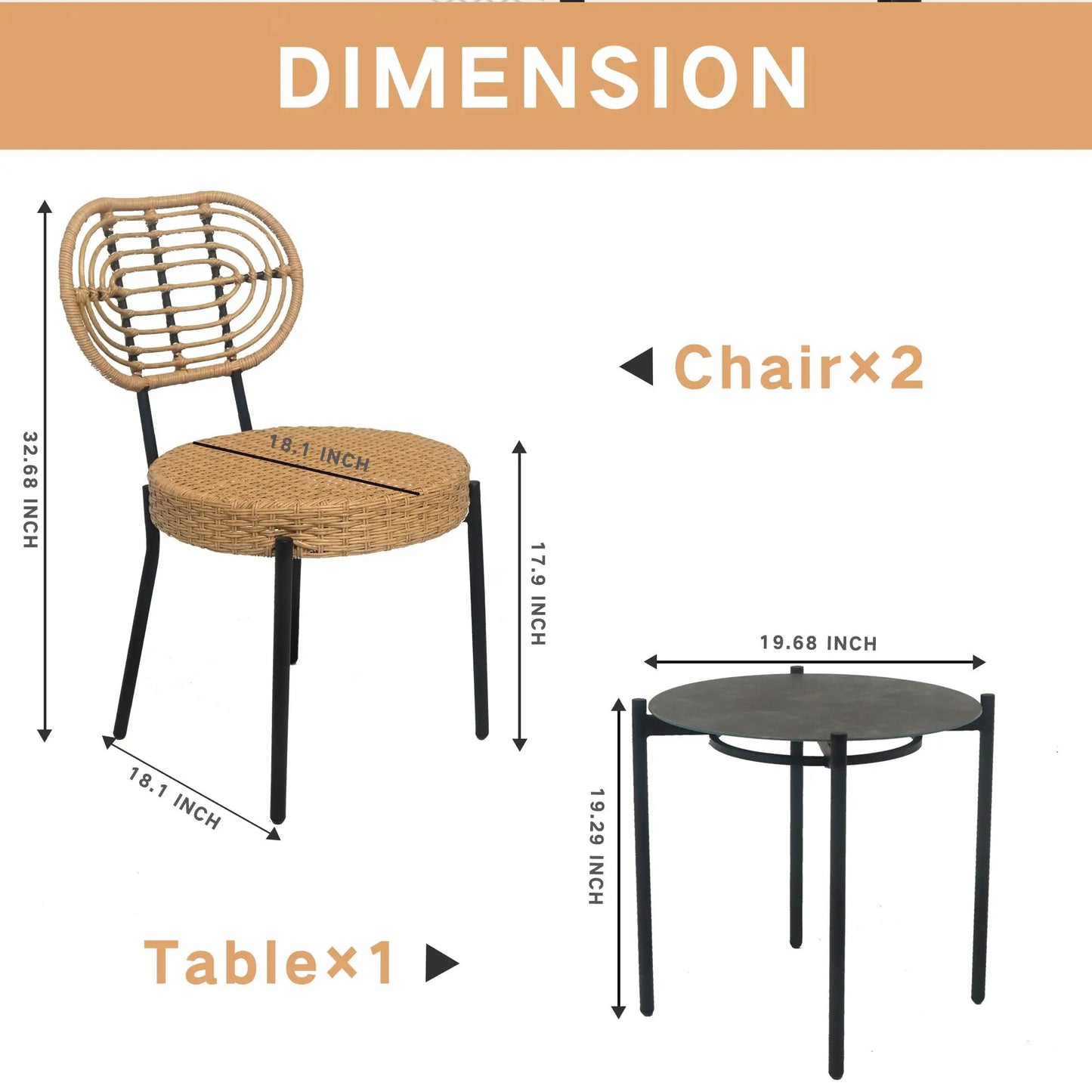 Outdoor wicker 3-piece patio bistro set with 2 chairs and table in tan wicker and black legs on Tampa Home & Garden Store