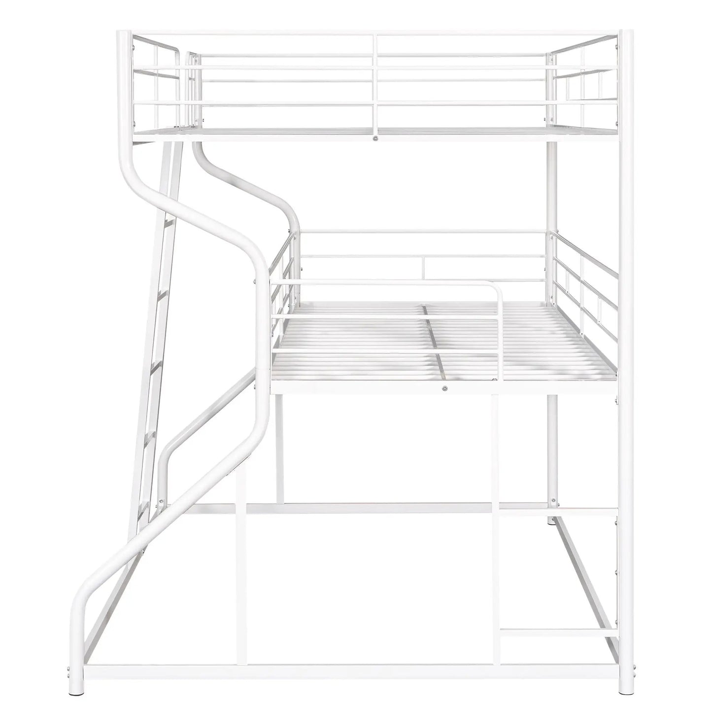 Full XL over Twin XL Queen triple bunk bed frame white metal with curved ladder on Tampa Home & Garden Store