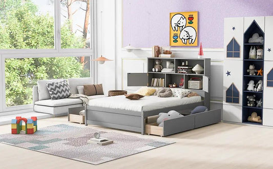 Gray full-size platform bed with storage headboard and under-bed drawers on Tampa Home & Garden Store