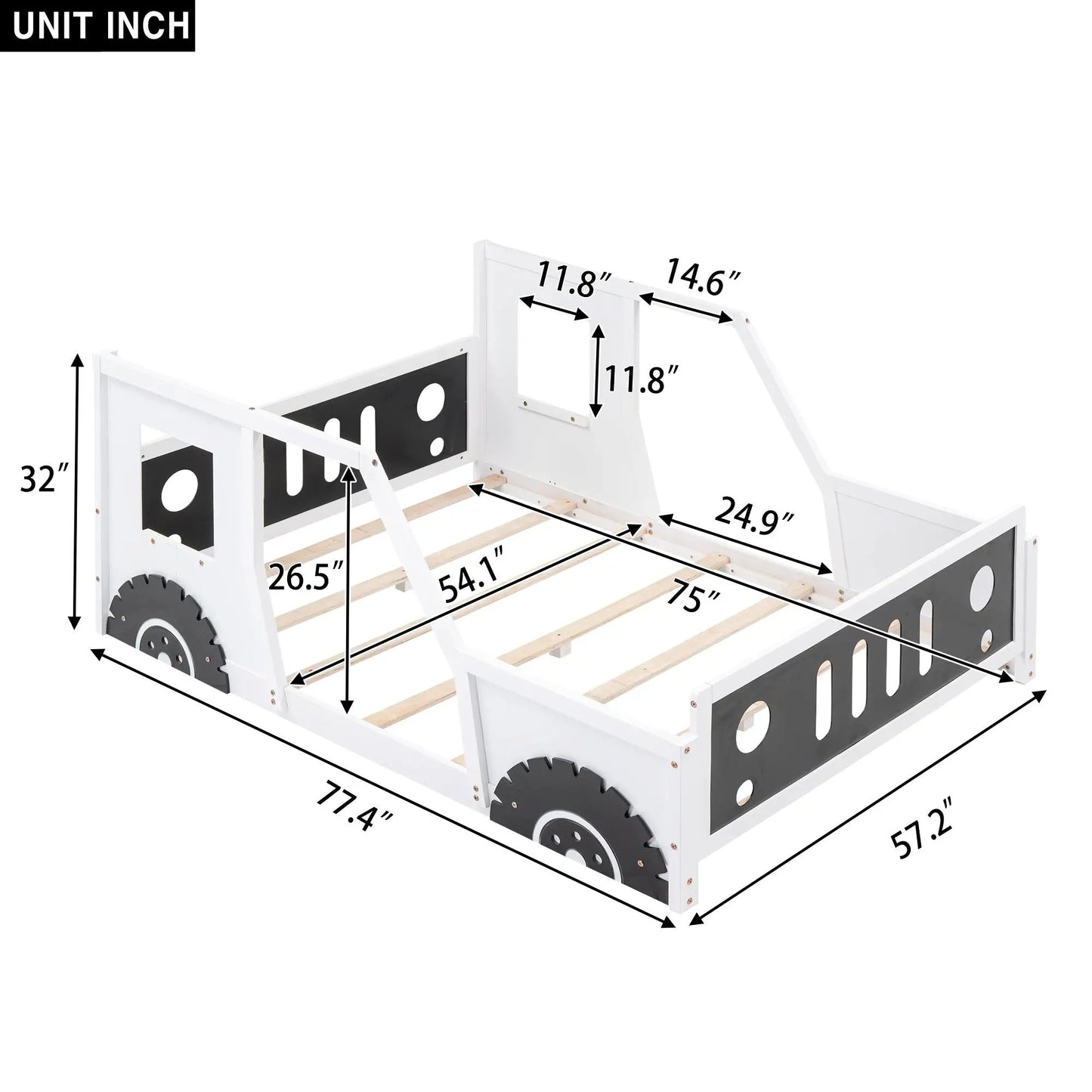 Full-size car-shaped platform bed on wheels, white finish with black panel accents on Tampa Home & Garden Store