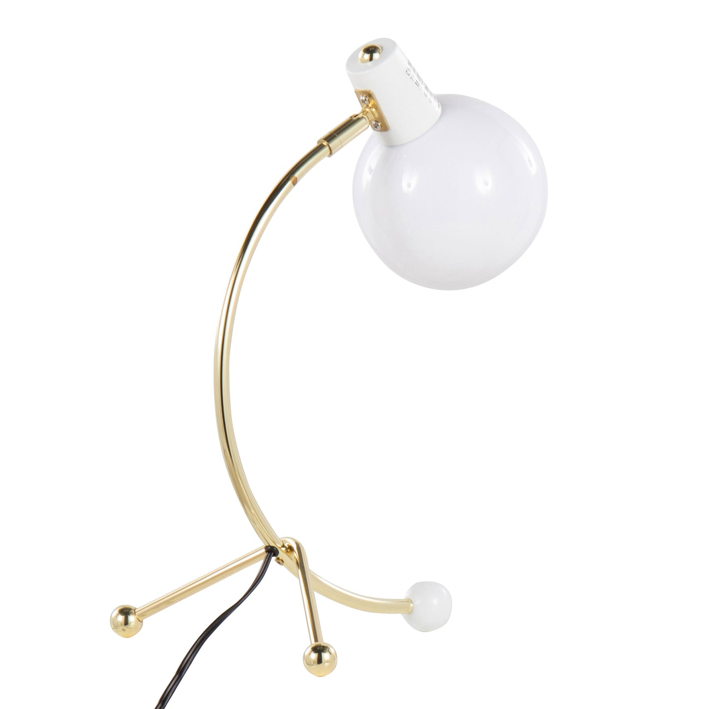 Eileen Contemporary Task Lamp gold metal with white shade, curved arm and globe, HouseOfZazla on Tampa Home & Garden Store