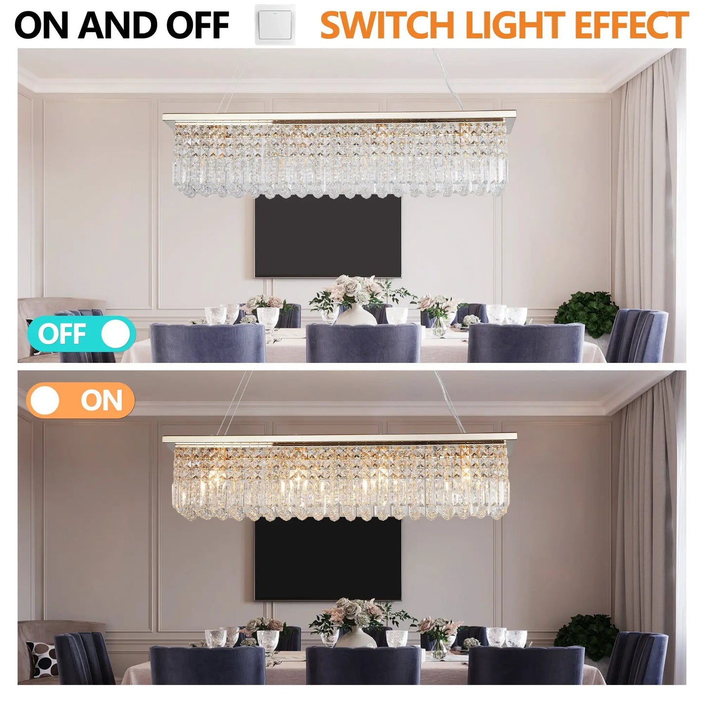 Lustre moderne en cristal pour salle à manger 8 lumières or rectangulaire en forme de goutte L100cm x l25cm x H22cm (ampoules non incluses)