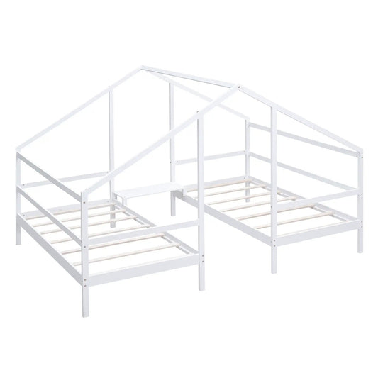 Double Twin Triangular House Beds with Table, white wooden frame, two beds on Tampa Home & Garden Store
