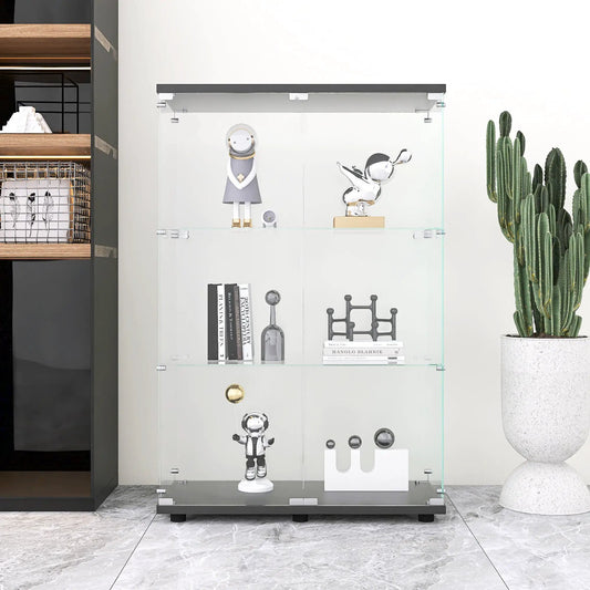 Three black double-door glass display cabinets, tall display units on Tampa Home & Garden Store