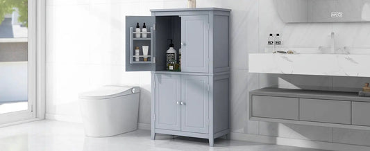 Grey bathroom floor storage cabinet with four doors, left door open to show shelves on Tampa Home & Garden Store