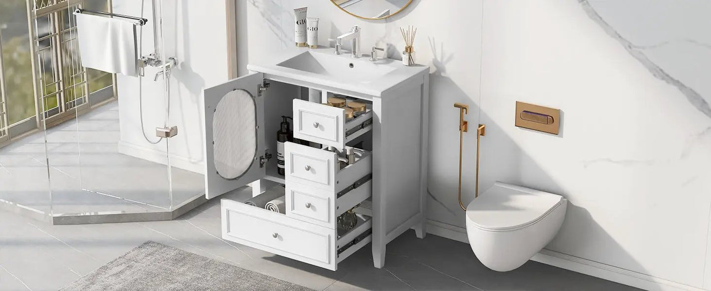 30in bathroom vanity with sink and three drawers, white finish in a marble-walled bath on Tampa Home & Garden Store