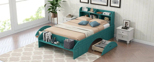Teal wood full-size platform bed with built-in storage drawers and headboard shelves beige bedding on Tampa Home & Garden Store