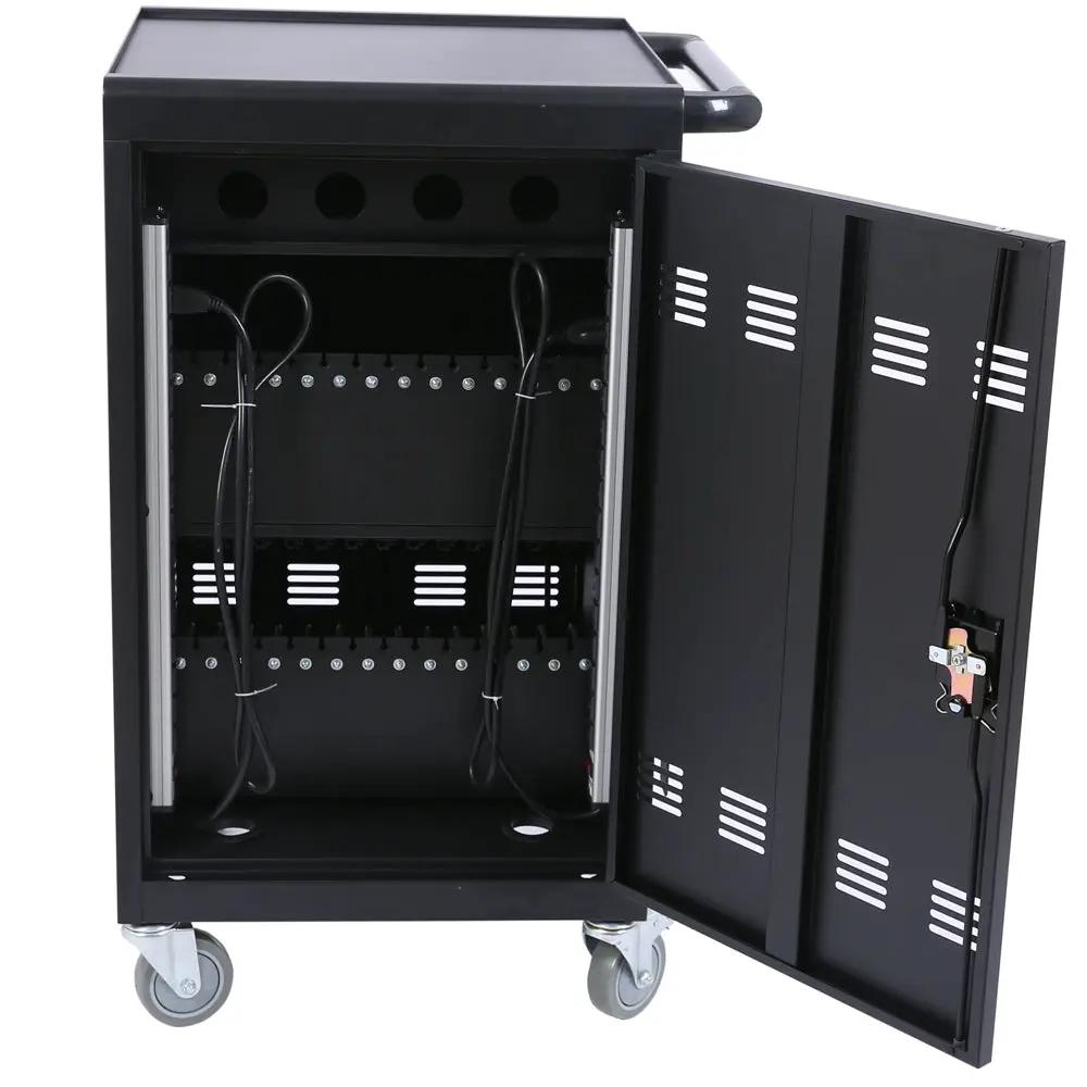 Mobile Charging Cart for Tablets and Laptops, black metal with locking doors and wheels on Tampa Home & Garden Store