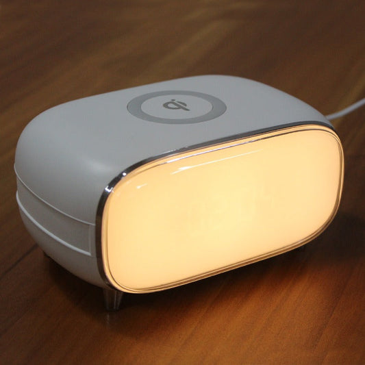 Réveil créatif avec chargeur sans fil QI, horloge lumineuse d'ambiance élégante, lampe de chevet pour le sommeil et le coucher du soleil