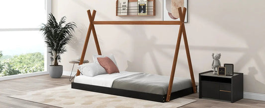 Twin Tent Floor Bed with Triangle Structure, black platform base and natural wood frame on Tampa Home & Garden Store