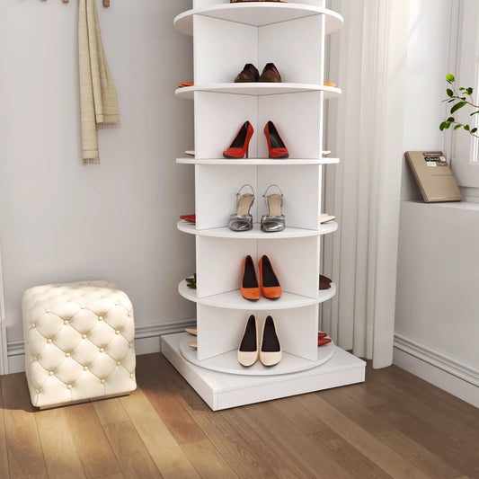 360 Rotating Shoe Cabinet With Six Layers white tower shelves display brown dress shoes, red heels on Tampa Home & Garden Store