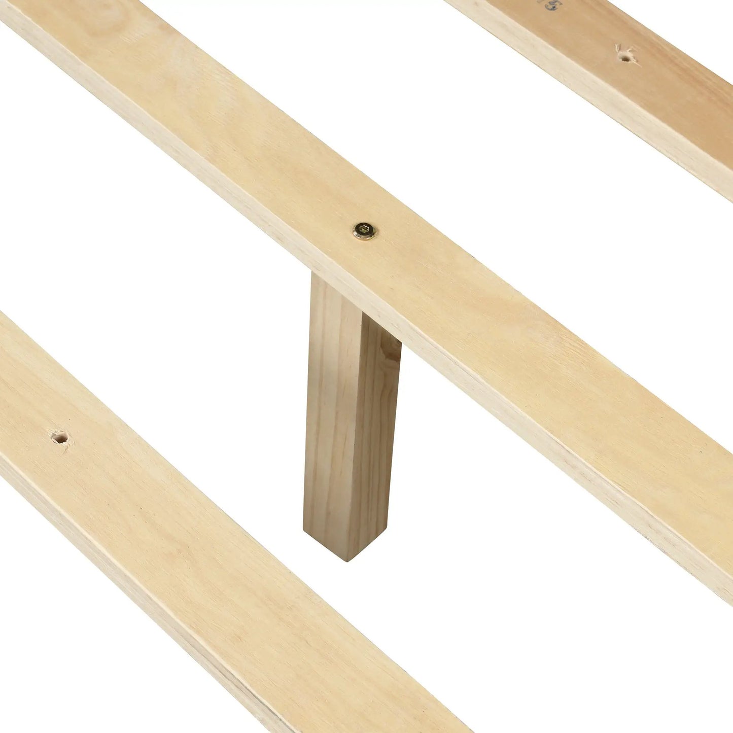 Wood platform bed slats in natural pine with visible screws and leg on Tampa Home & Garden Store