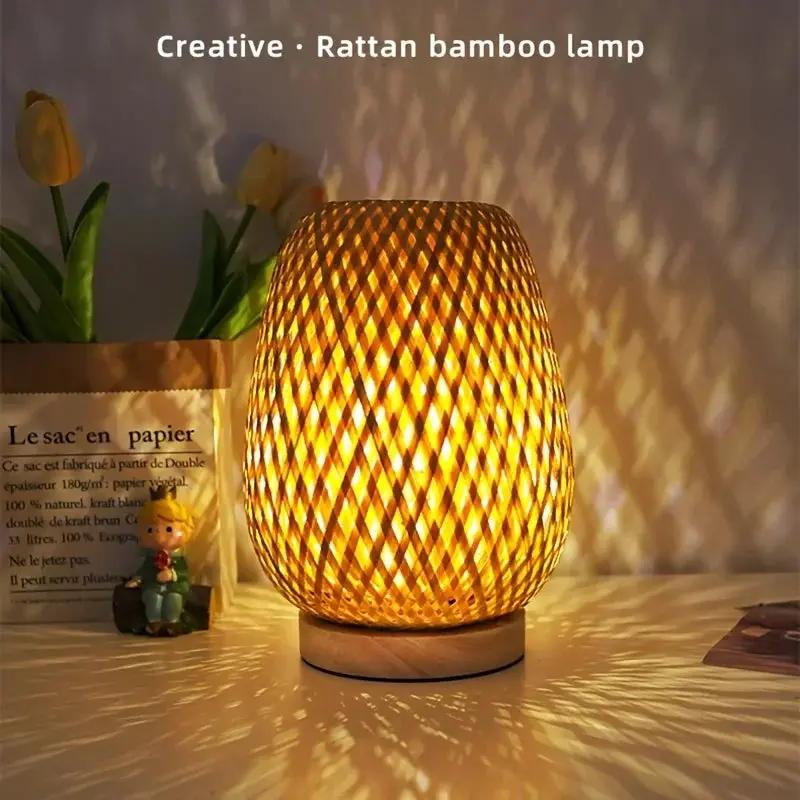 Retro bamboo LED desk lamp with woven shade and wooden base emitting warm light on Tampa Home & Garden Store