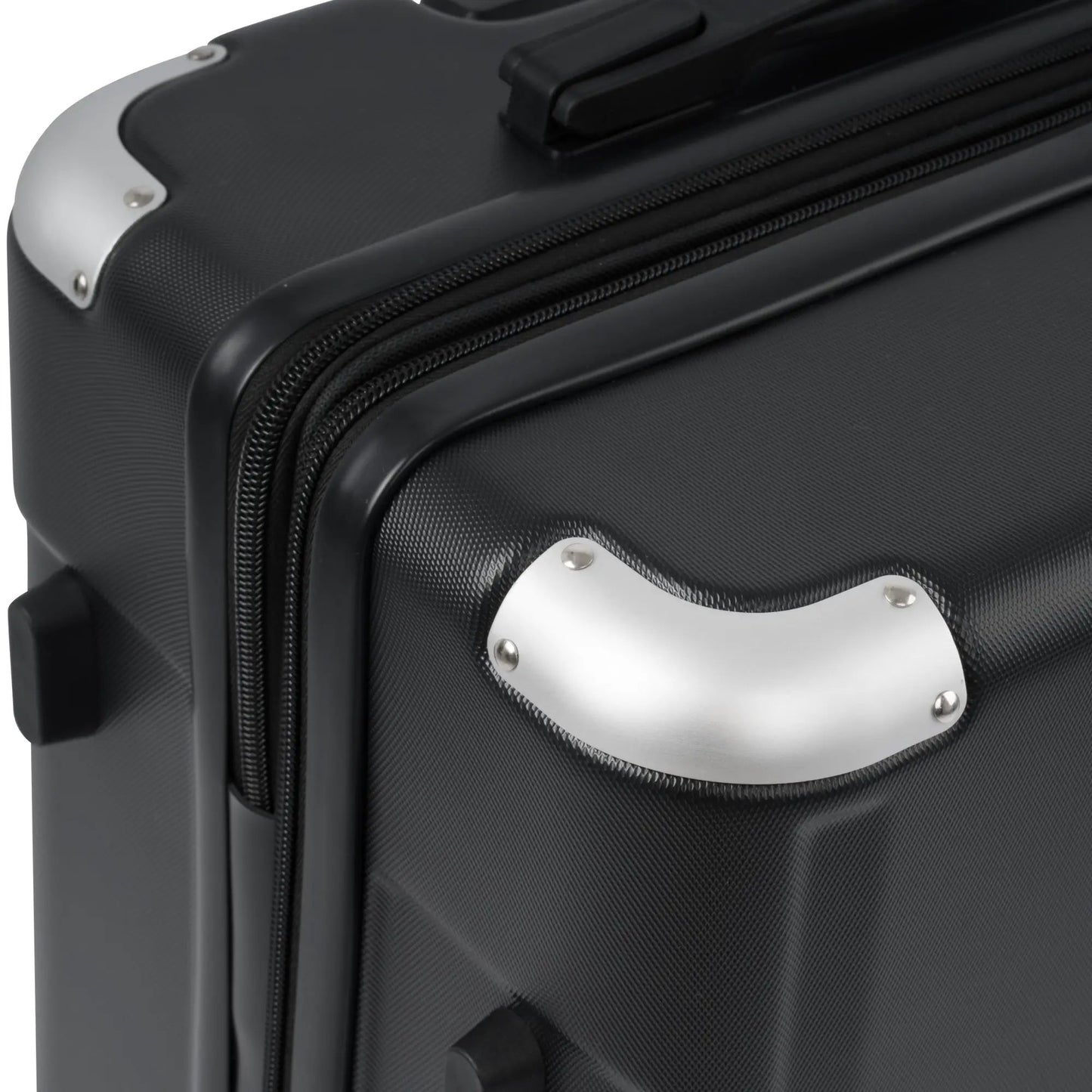 Black 28-inch hardshell spinner suitcase corner with metal corner guards and double zippers on Tampa Home & Garden Store