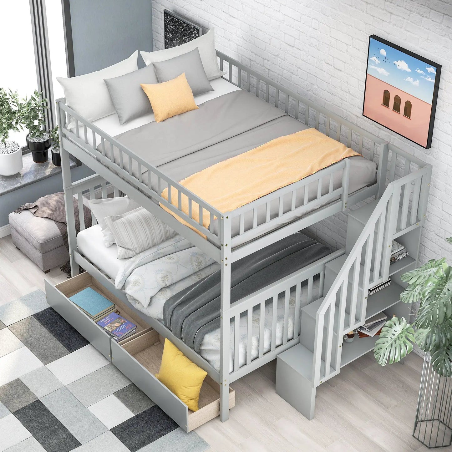 Full-over-full bunk bed in gray with two under-bed drawers on Tampa Home & Garden Store