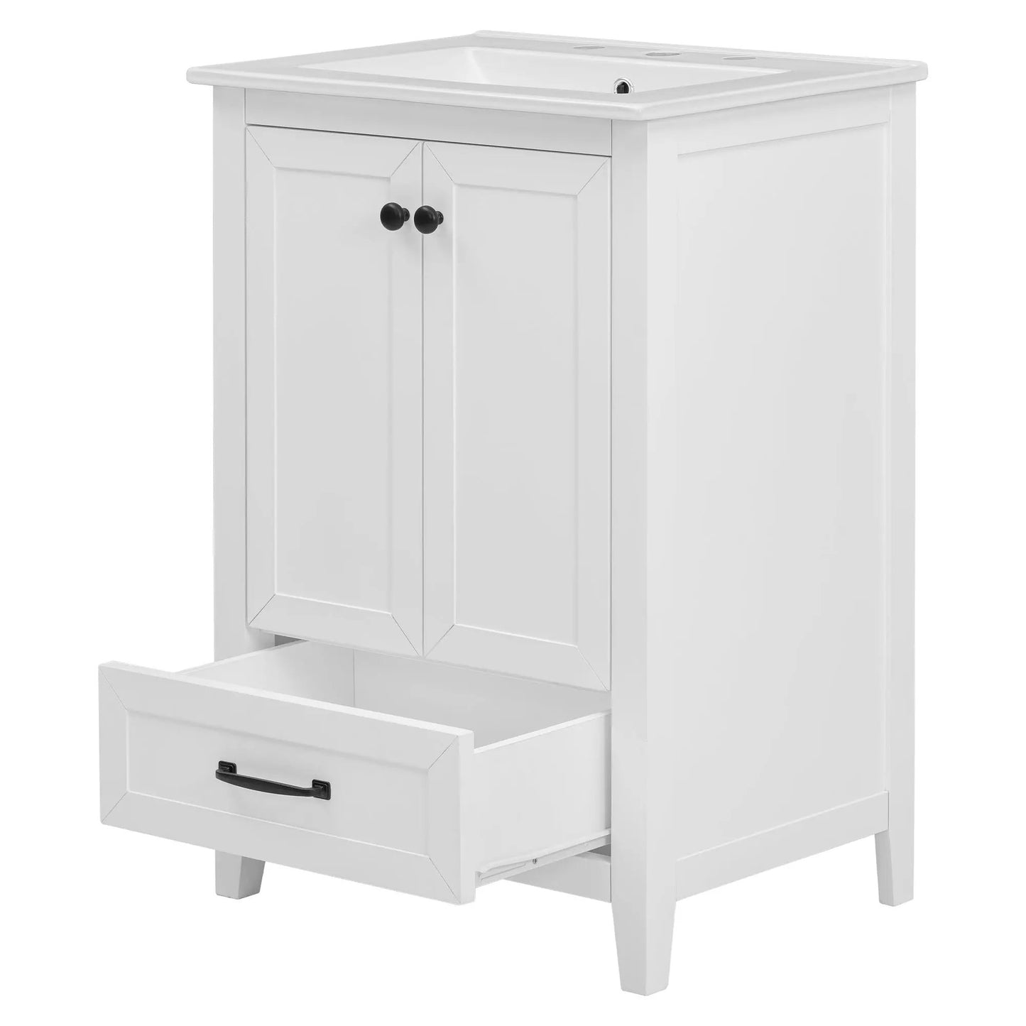 24 Inch white bathroom vanity with sink, 2-door cabinet featuring black knobs and an open drawer on Tampa Home & Garden Store