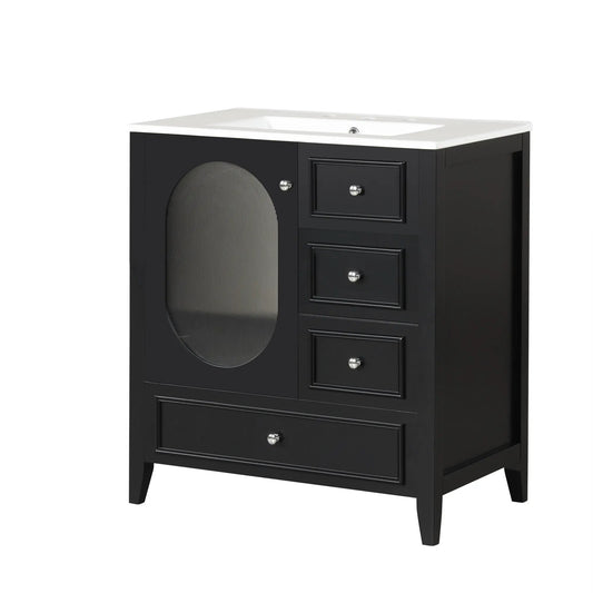 30-inch black vanity with white sink countertop; left circular panel, right 3 drawers on Tampa Home & Garden Store