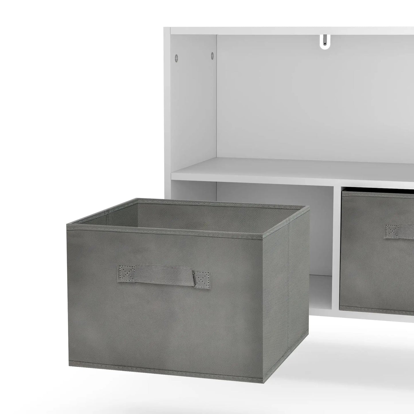 Kids bookcase with collapsible fabric drawers in white frame and gray bins on Tampa Home & Garden Store