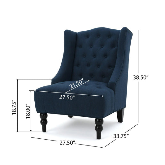 Upholstered Wingback Chair in navy blue linen with tufted back and dark wood legs on Tampa Home & Garden Store