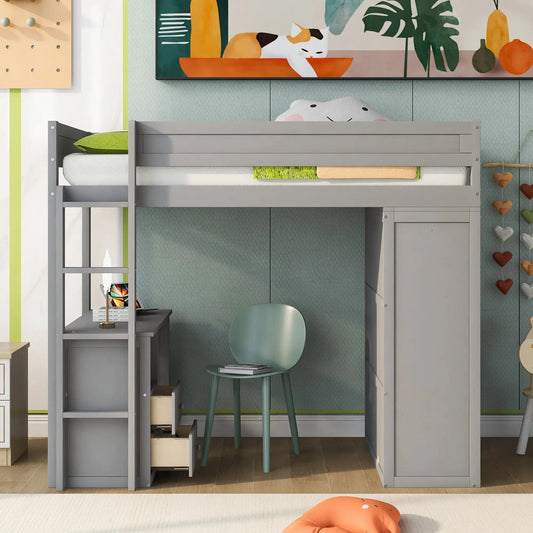 Wood twin loft bed with built-in wardrobes and desk gray finish on Tampa Home & Garden Store