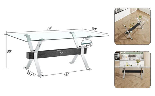 Dining Table with Tempered Glass and Metal Legs, tempered glass top on silver frame, 79in long on Tampa Home & Garden Store