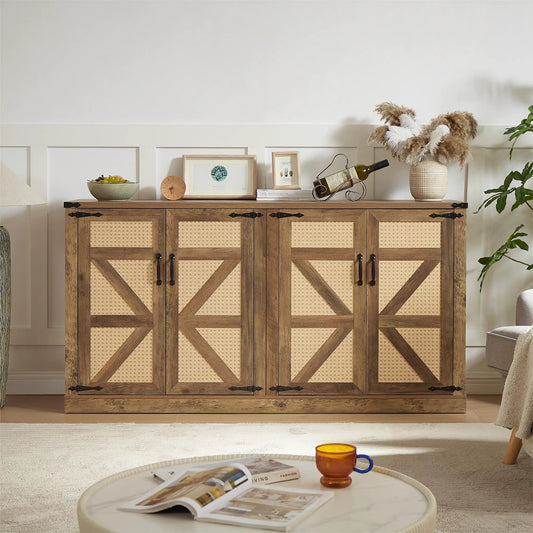 65 Inch Rustic Oak Faux Rattan Sideboard with cane panels and top art decor on Tampa Home & Garden Store