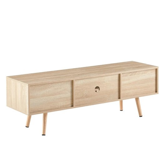 55.12 Inch Rattan TV Cabinet with Sliding Doors, light wood finish, round cutout handles on Tampa Home & Garden Store