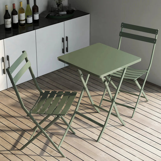 3-piece foldable patio bistro set with square table and two green slatted chairs on Tampa Home & Garden Store