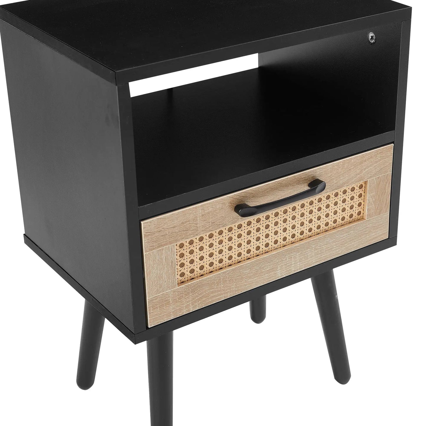 Table d'appoint en rotin de 40 cm avec tiroir et pieds en bois massif, table de chevet moderne pour salon, noire