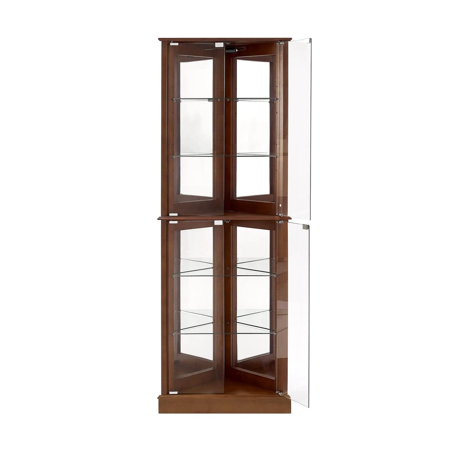 Corner curio display cabinet in walnut finish with glass doors and interior lighting on Tampa Home & Garden Store