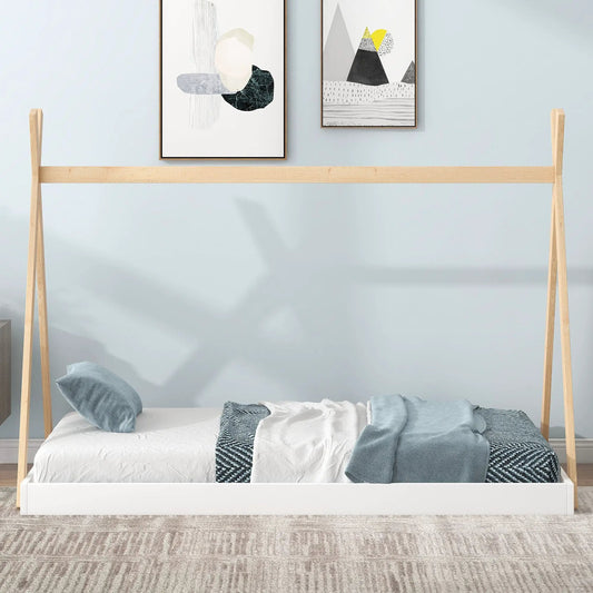 Twin size tent floor bed with triangle wooden frame, white mattress and blue gray bedding on Tampa Home & Garden Store