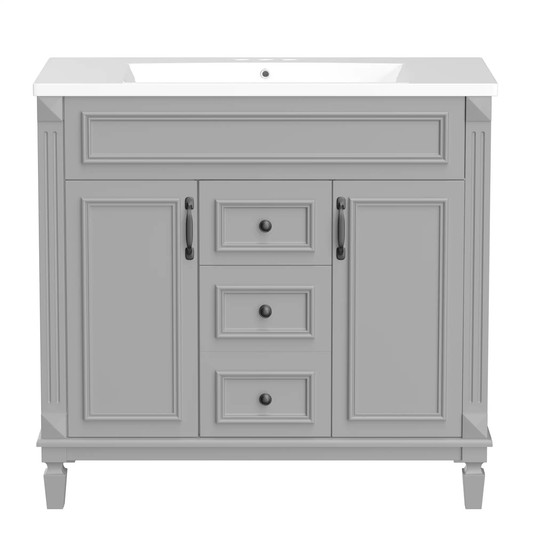 36-inch grey bathroom vanity with white top sink, paneled doors and center drawers on Tampa Home & Garden Store