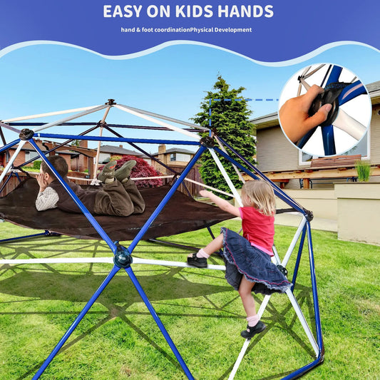 10ft Climbing Dome Jungle Gym Hammock with blue steel frame, two kids playing on Tampa Home & Garden Store