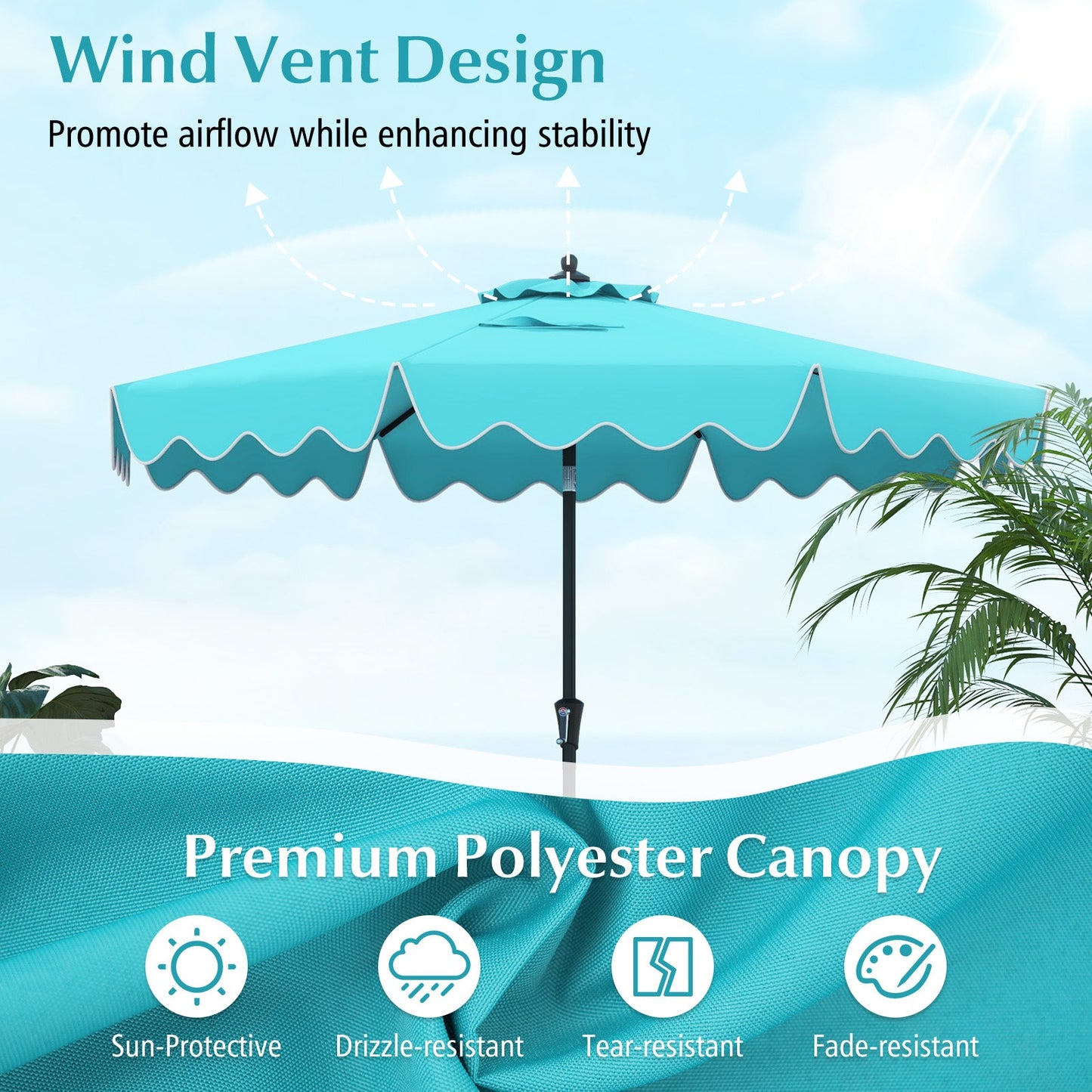 9 Feet Patio Umbrella with Crank Handle and Push Button Tilt-Turquoise