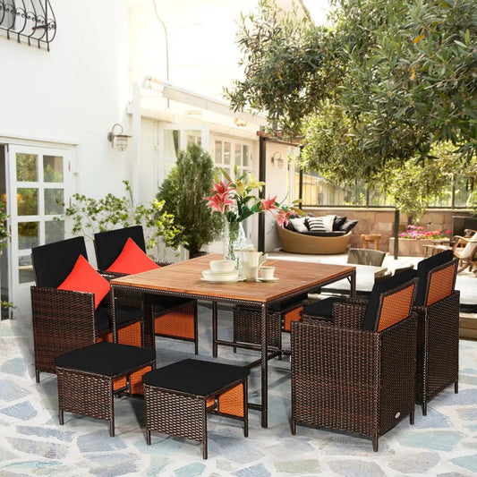 9 Pieces Patio Rattan Dining Cushioned Chairs Set-Black - Tampa Home & Garden Store