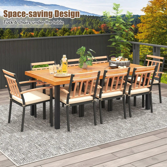 9 Piece Patio Dining Set with Acacia Wood Table and Light Wood Chairs with Black Metal Frames on Tampa Home & Garden Store