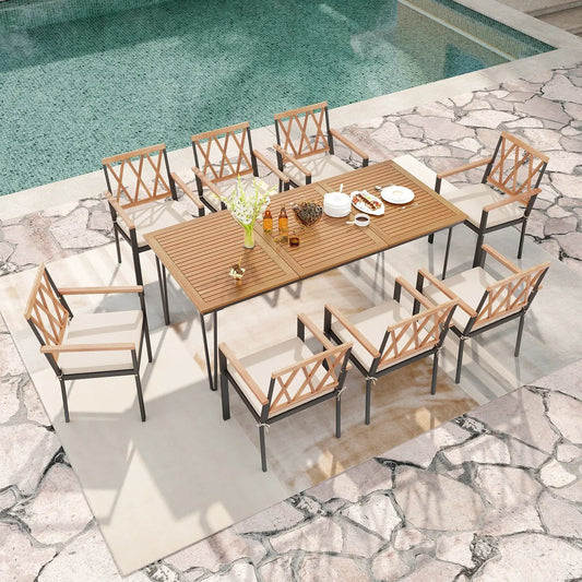 9-Piece Patio Dining Set 35.5 Inch Acacia Wood Table with Umbrella Hole and 22.5-Inch Wide Chairs - Tampa Home & Garden Store