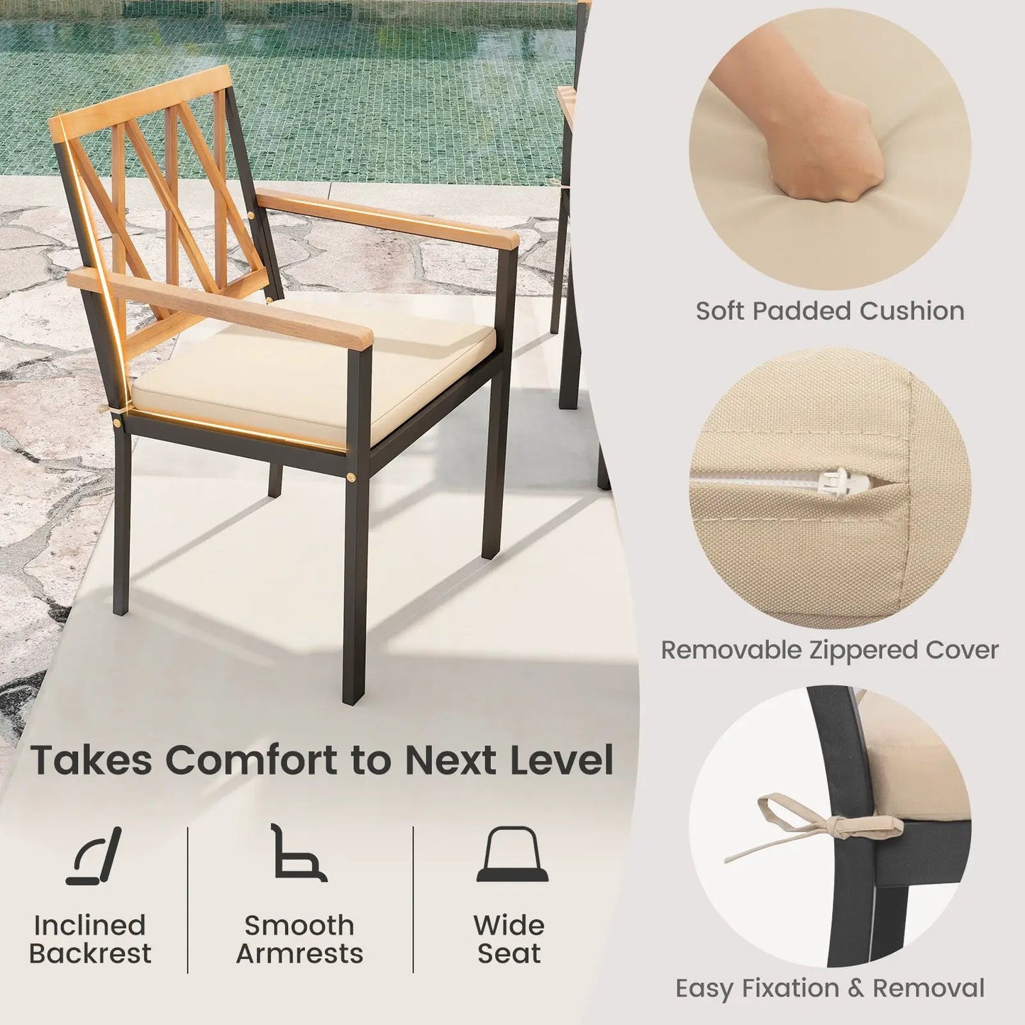 9-Piece Patio Dining Set with Acacia Table, black metal frame, beige cushioned seats on Tampa Home & Garden Store