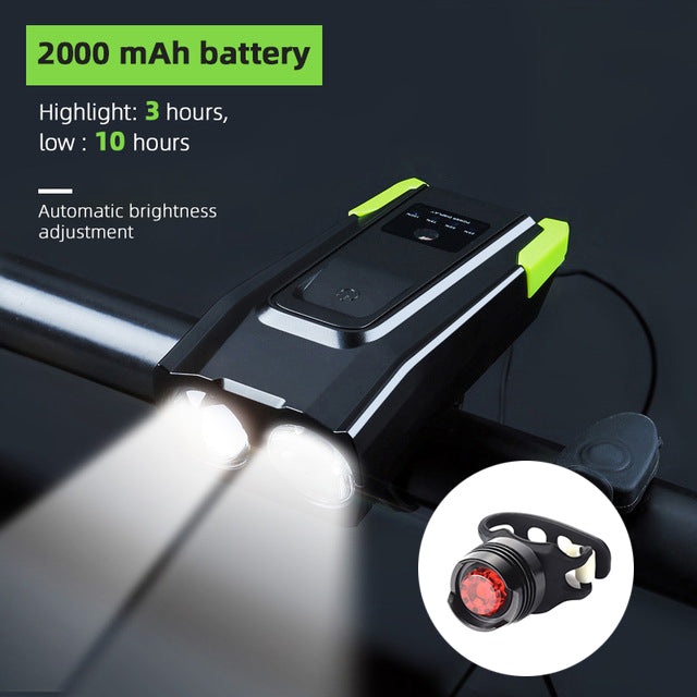 Stevvex bicycle front light with horn USB rechargeable light, black body with green accents, bars on Tampa Home & Garden Store