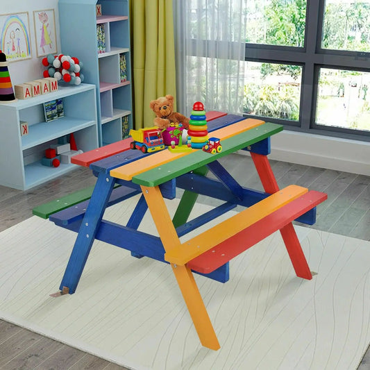 4 seat kids rainbow picnic table with blue frame and colorful planks on Tampa Home & Garden Store