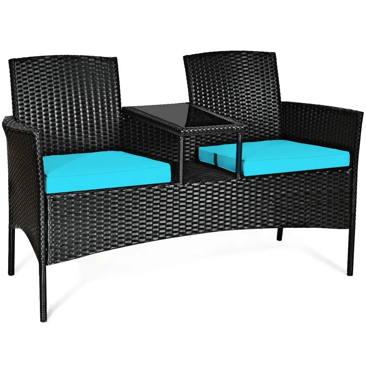 Wicker black patio conversation set DirectDeals with turquoise cushions and 2 chairs and table on Tampa Home & Garden Store