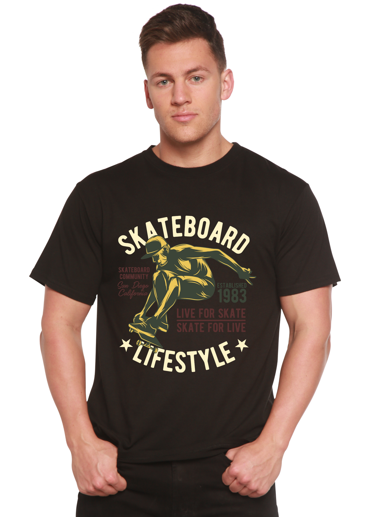 Skateboard Lifestyle graphic T-shirt, black bamboo viscose/organic cotton, men's printed on Tampa Home & Garden Store