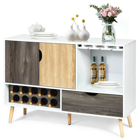 Mid-Century Buffet Sideboard with white frame, two-tone doors, wine rack and open shelf on Tampa Home & Garden Store