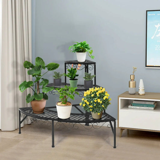Three Tier Metal Corner Plant Rack with black frame holding several potted plants on Tampa Home & Garden Store