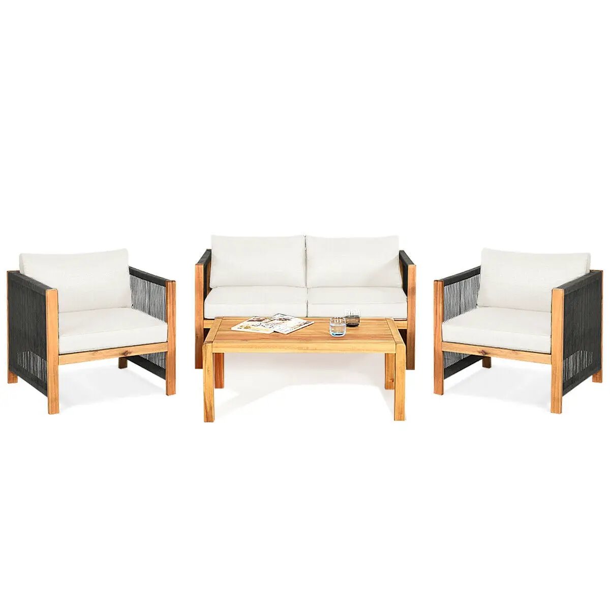 Acacia wood outdoor furniture set with cushions by DirectDeals loveseat and chairs coffee table on Tampa Home & Garden Store