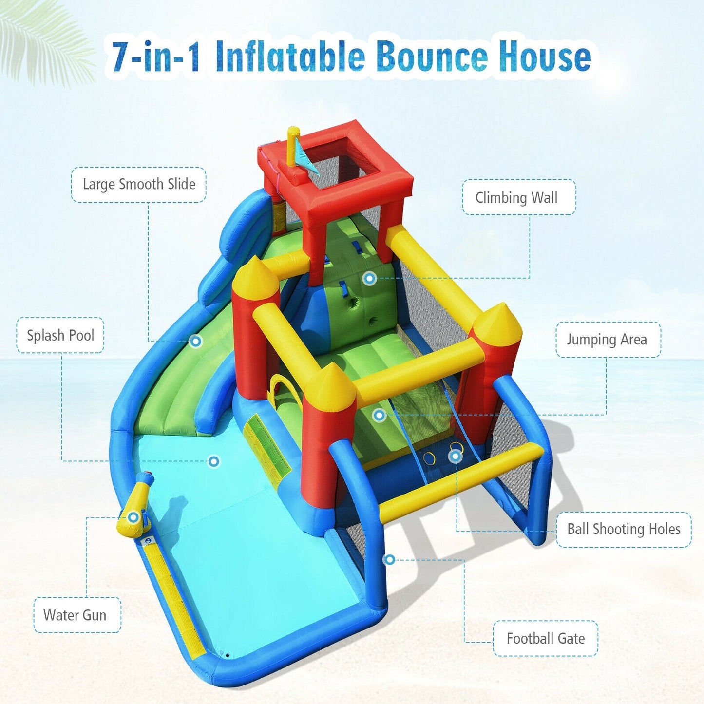 Inflatable Bounce House With Water Slide Pool, blue slides and red frame, DirectDeals on Tampa Home & Garden Store