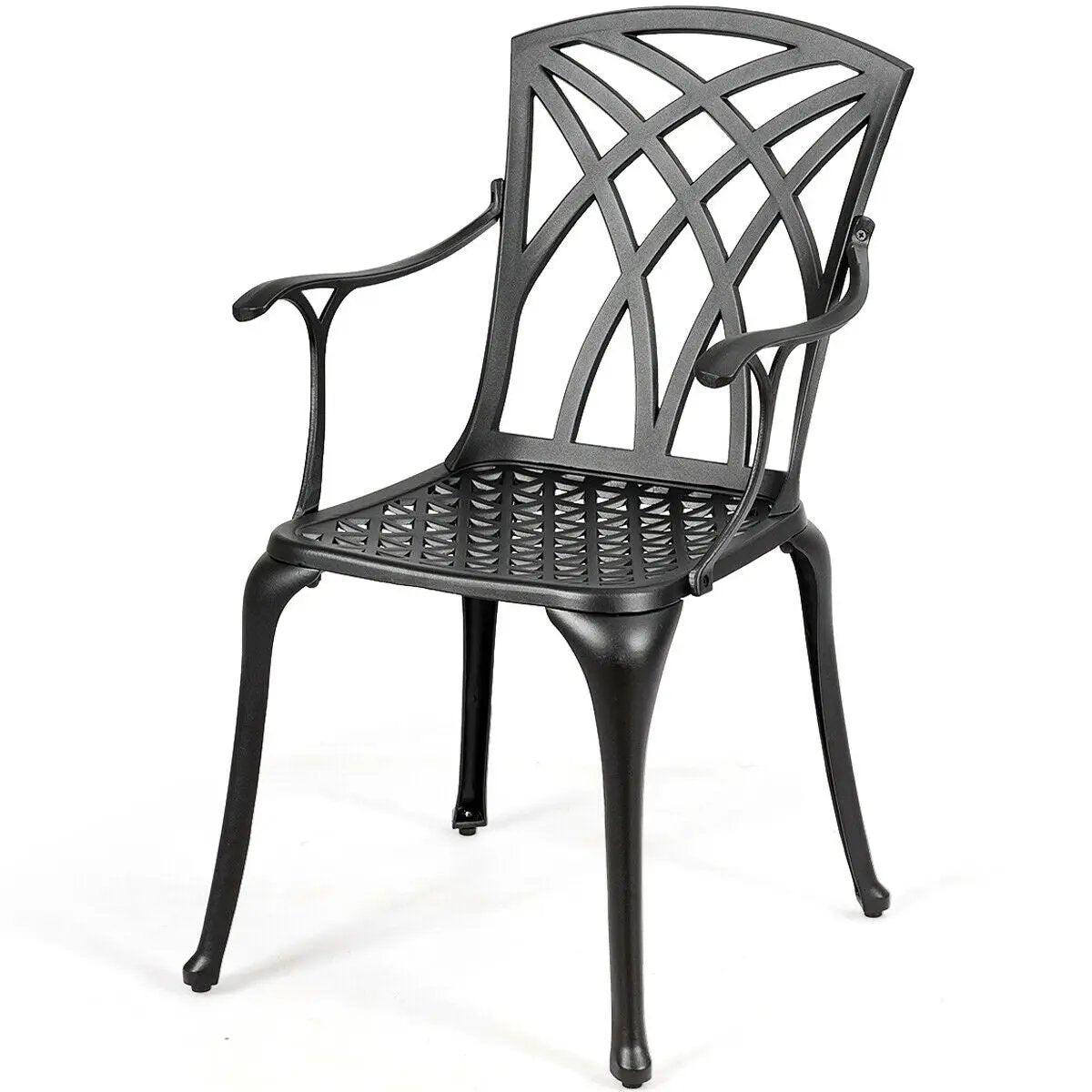2-piece black aluminum dining chair set with lattice-back design and curved armrests on Tampa Home & Garden Store