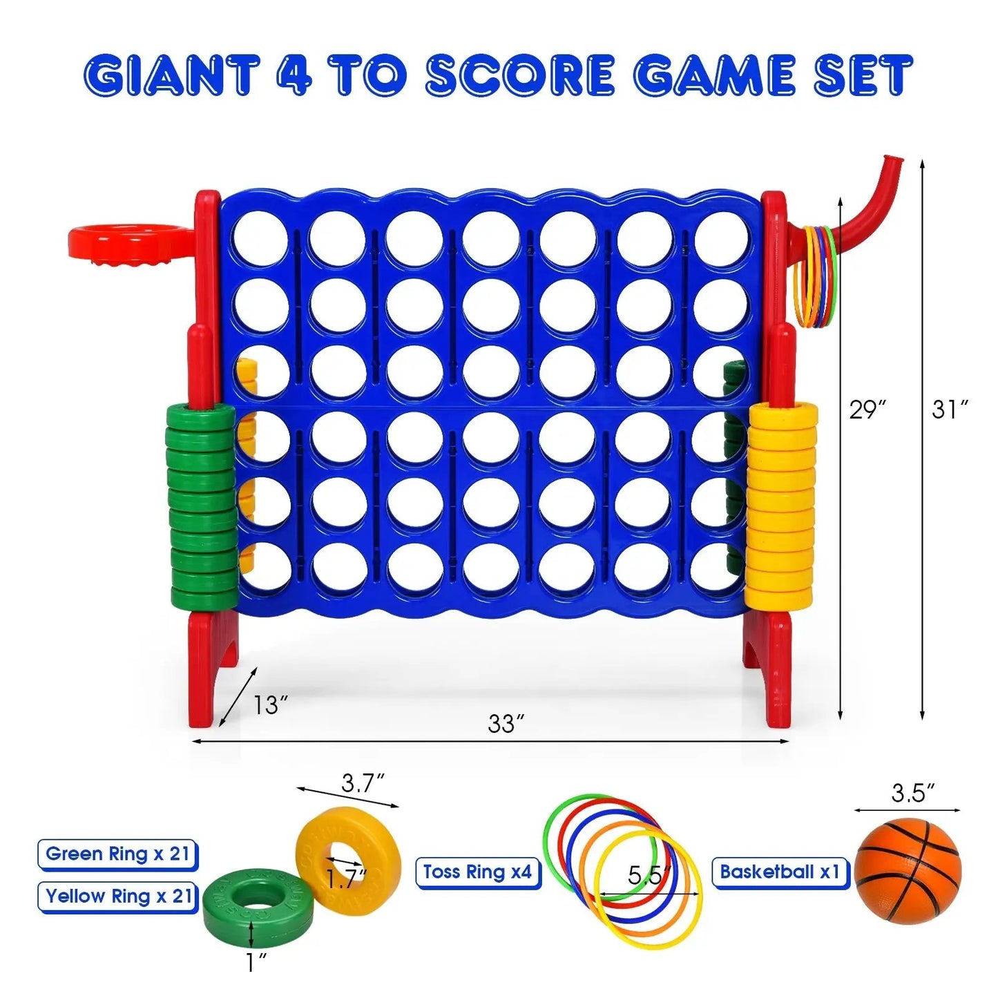 2.5 ft Giant 4-to-Score set DirectDeals, blue board with red legs and green rings on Tampa Home & Garden Store